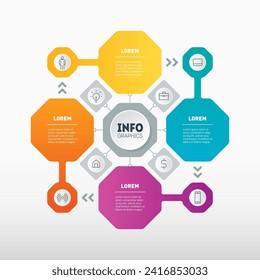 Concepto de diseño infográfico de ciclo tecnológico o proceso educativo con 4 pasos. Plantilla de gráfico Info con cuatro partes o procesos.