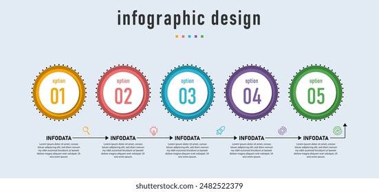 Infografik-Designelement mit 5 Optionen oder Schritten. Kann für Workflowdiagramm, Infodiagramm, Webdesign verwendet werden. Vektorillustration.