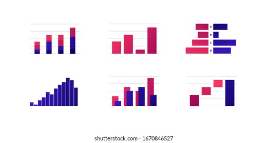 Infographic design element collection. Vector flat color illustration set. Vectical and horizontal column bar chart isolated on white background. Design for ui, science poster, marketing, presentation