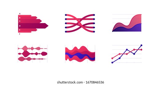 Infographic design element collection. Vector flat color illustration set. Dotted line, stacked area chart on white. Alluvial sankey diagram. Design for ui, science poster, marketing, presentation