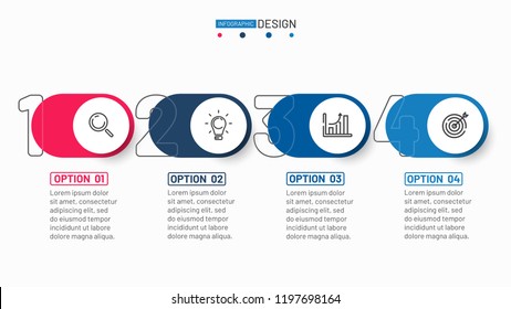 Infographic design element with thin line number and marketing icons. Timeline with 4 option. Business process step. Vector illustration. Can be used for brochure, presentation, web design.