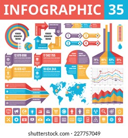 Infographic design elements 35. Vector set in flat style for business presentation, booklet, website etc. Business finance economic graphic templates. Included 30 icons. Creative banners layout.