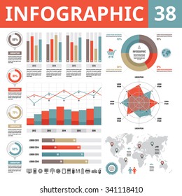 Infographic design elements 38. Set of graphic templates in flat style for business presentation, booklet, web site and other projects. Vector banners collection. World map. 