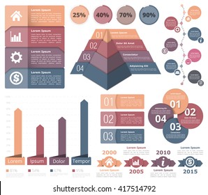 Infographic design elements - flowchart, bar graph, pyramid chart, process diagram, progress indicators, timeline, circle diagram, objects with numbers and text, vector eps10 illustration