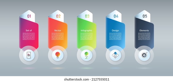 Infographic design elements. Template of 5 options, steps, parts. Banner with place for text and icons. Glass effect. Vector background