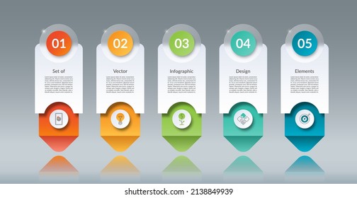 Infographic design elements. Template of 5 arrows, options, steps, parts. Banner with place for text and icons. Glass effect. Vector background.