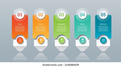 Elementos de diseño infográfico. Plantilla de 5 flechas, opciones, pasos, piezas. Cartel con lugar para texto e iconos. Efecto cristal. Fondo vectorial.