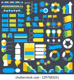 Infographic design elements vector collection, diagram objects and visualizations. Timeline presentation templates, circular statistics graph charts, data structure layouts and hierarchy flow systems.