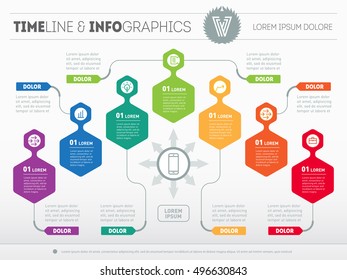 Infographic with design elements. Vector presentation of business processes. Business plan with 7 steps. Abstract Web Template of a pyramidal chart or diagram with icons, signs and symbols.