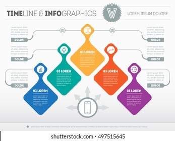 Infographic with design elements. Vector presentation of business processes. Business plan with 5 steps. Abstract Web Template of a pyramidal chart or diagram with icons, signs and symbols.