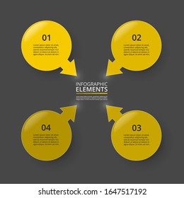 Infografische Design-Elemente für Ihre Geschäftsdaten mit 4 Optionen, Teilen, Schritten oder Prozessen auf dunkelgrauem Hintergrund.