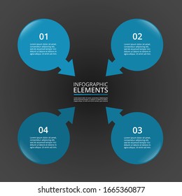 Elementos de diseño infográfico para los datos de su negocio con 4 opciones, piezas, pasos o procesos sobre fondo gris oscuro.