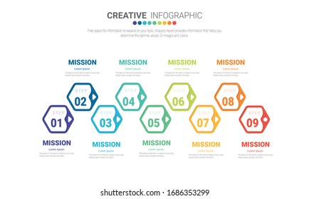 Infografische Design-Elemente für Ihr Unternehmen mit 9 Optionen, Teilen, Schritten oder Prozessen, Vektorillustration-Illustration. 