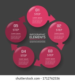 Elementos de diseño infográfico para los datos de su negocio con 5 opciones, piezas, pasos o procesos sobre fondo gris oscuro.