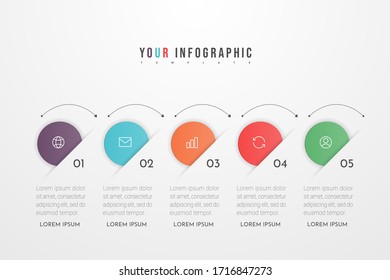 Infografische Design-Elemente für Ihre Geschäftsdaten mit 5 Kreiseloptionen, Teilen, Schritten, Zeitplänen oder Prozessen. Vektorillustration.