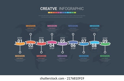Elementos de diseño infográfico para su negocio con 9 opciones, piezas, pasos o procesos, Ilustración vectorial. 