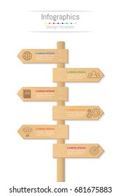 Infographic design elements for your business data with 6 options, parts, steps, timelines or processes. Wood sign concept, Vector Illustration.