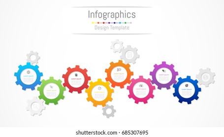 Infographic design elements for your business data with 8 options, parts, steps, timelines or processes. Gear wheel concept, Vector Illustration.