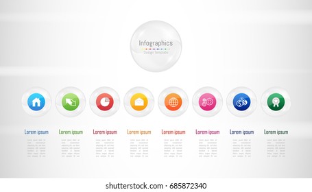 Infographic design elements for your business data with 8 options, parts, steps, timelines or processes. Transparent glass sphere concept, Vector Illustration.