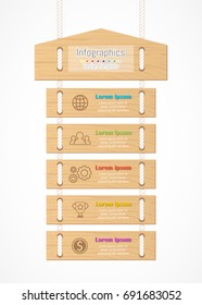 Infographic design elements for your business data with 5 options, parts, steps timelines or processes. Wood sign concept, Vector Illustration.