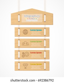 Infographic design elements for your business data with 4 options, parts, steps timelines or processes. Wood sign, Vector Illustration.