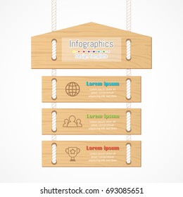 Elementos de diseño infográfico para los datos de su negocio con 3 opciones, piezas, pasos, plazos o procesos. Concepto de señalización de madera, Ilustración vectorial.