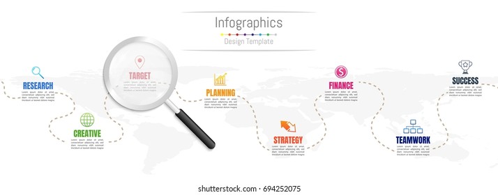 Infographic design elements for your business data with 8 options, parts, steps, timelines or processes and transparent magnifying glass.World map of this image furnished by NASA, Vector Illustration - Powered by Shutterstock - Get 15% off with code: PIKWIZARD15