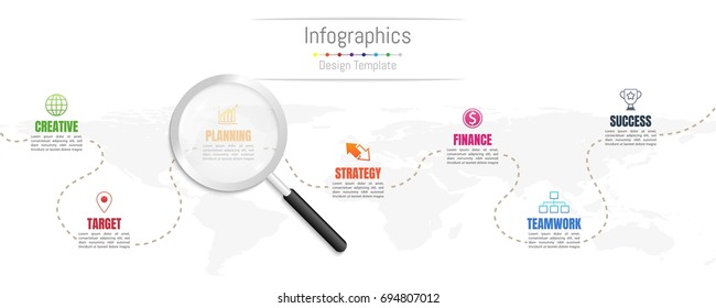 Infographic design elements for your business data with 7 options, parts, steps, timelines or processes and transparent magnifying glass.World map of this image furnished by NASA, Vector Illustration