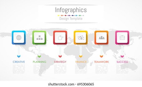 Infographic design elements for your business data with 6 options, parts, steps, timelines or processes. Vector Illustration. World map of this image furnished by NASA