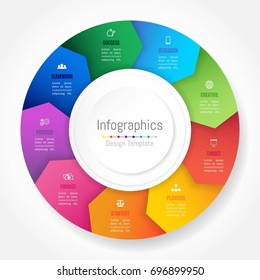 Infographic design elements for your business data with 9 options, parts, steps, timelines or processes, Arrow wheel circle style. Vector Illustration.