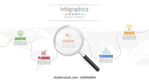 Infographic design elements for your business data with 5 options, parts, steps, timelines or processes and transparent magnifying glass.World map of this image furnished by NASA, Vector Illustration