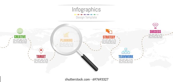 Infographic design elements for your business data with 6 options, parts, steps, timelines or processes and transparent magnifying glass.World map of this image furnished by NASA, Vector Illustration