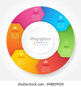 Infographic Design Elements For Your Business Data With 6 Options, Parts, Steps, Timelines Or Processes, Arrow Wheel Circle Style. Vector Illustration.