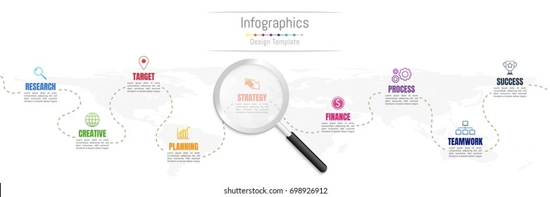 Infographic design elements for your business data with 9 options, parts, steps, timelines or processes and transparent magnifying glass.World map of this image furnished by NASA, Vector Illustration - Powered by Shutterstock - Get 15% off with code: PIKWIZARD15