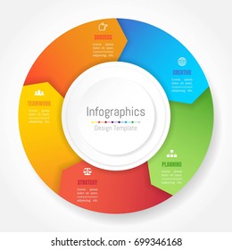 Infographic Design Elements For Your Business Data With 5 Options, Parts, Steps, Timelines Or Processes, Arrow Wheel Circle Style. Vector Illustration.