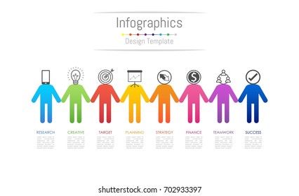 Infographic design elements for your business data with 8 options, parts, steps, timelines or processes, connecting people concept. Vector Illustration.
