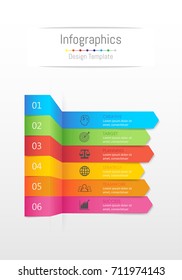 Infographic design elements for your business data with 6 options, parts, steps, timelines or processes, Sticky note paper concept. Vector Illustration.