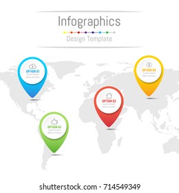 Infographic design elements for your business data with 4 options, parts, steps, timelines or processes, navigation pin concept. Vector Illustration. World map of this image furnished by NASA