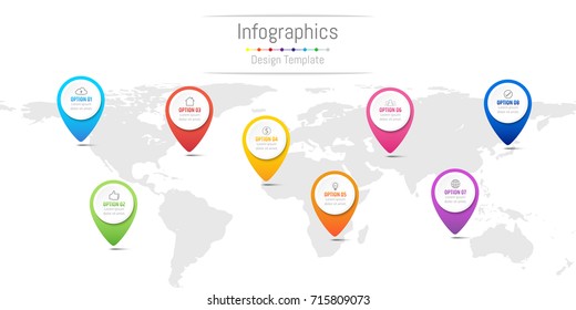 Infographic design elements for your business data with 8 options, parts, steps, timelines or processes, navigation pin concept. Vector Illustration. World map of this image furnished by NASA
