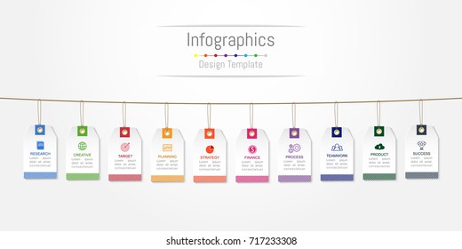 Infographic design elements for your business data with 10 options, parts, steps, timelines or processes, Label tag concept. Vector Illustration.