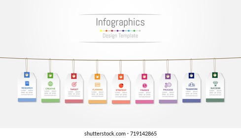 Infographic design elements for your business data with 9 options, parts, steps, timelines or processes, Label tag concept. Vector Illustration.