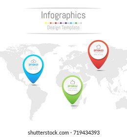 Infographic design elements for your business data with 3 options, parts, steps, timelines or processes, navigation pin concept. Vector Illustration. World map of this image furnished by NASA