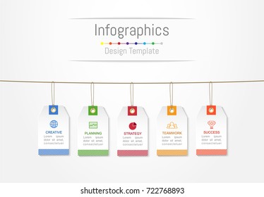Infographic design elements for your business data with 5 options, parts, steps, timelines or processes, Label tag concept. Vector Illustration.