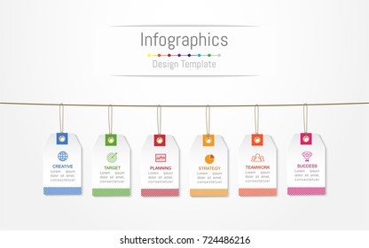 Infographic design elements for your business data with 6 options, parts, steps, timelines or processes, Label tag concept. Vector Illustration.
