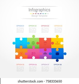 Infographic design elements for your business data with 8 options, parts, steps, timelines or processes. Jigsaw puzzle concept, Vector Illustration.