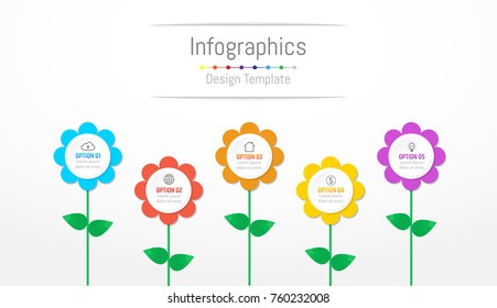 Infographic design elements for your business data with 5 options, parts, steps, timelines or processes, flowers concept. Vector Illustration.