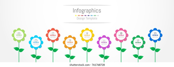 Infographic design elements for your business data with 9 options, parts, steps, timelines or processes, flowers concept. Vector Illustration.