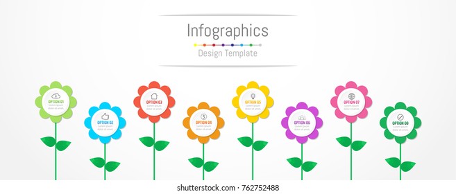 Infographic design elements for your business data with 8 options, parts, steps, timelines or processes, flowers concept. Vector Illustration.