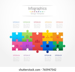 Infographic design elements for your business data with 9 options, parts, steps, timelines or processes. Jigsaw puzzle concept, Vector Illustration.