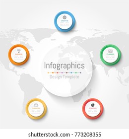 Infographic design elements for your business data with 5 options, parts, steps, timelines or processes. Vector Illustration. World map of this image furnished by NASA